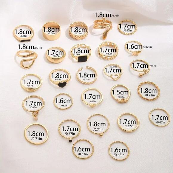 NEW 27pc Gold & Black Stackable Rings, Heart Jewelry, BOHO, Floral - Picture 3 of 3